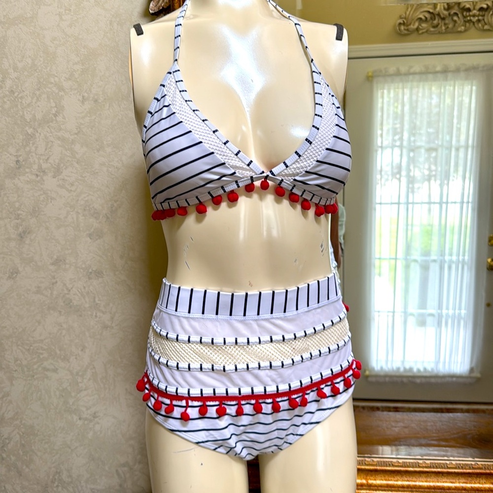 New Cocoship Striped Pom-Pom Trim and mesh Bikini Set. Size L. Red white & navy